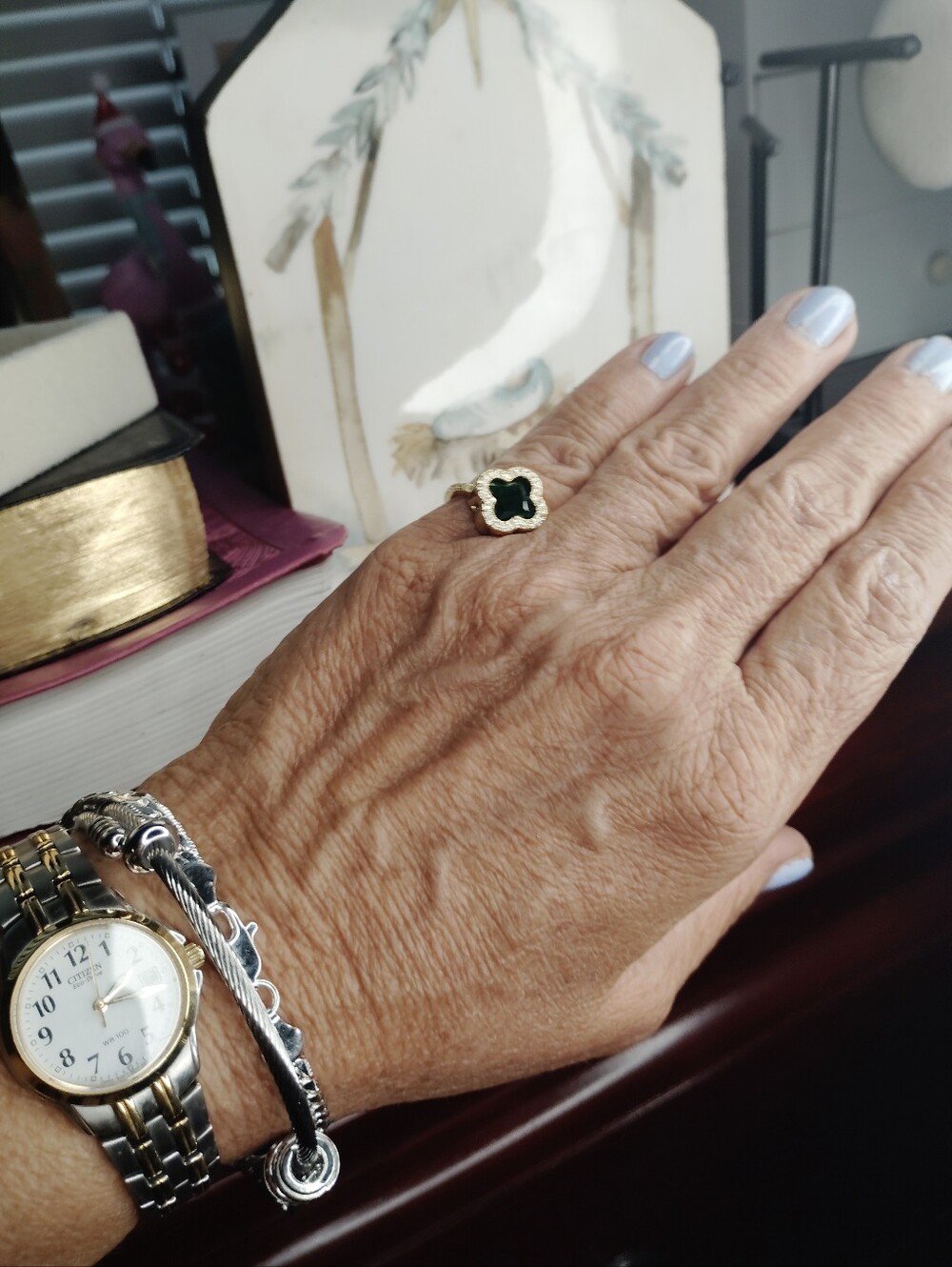 Gold Clover Ring with Dark Green Stone - Women Jewelry